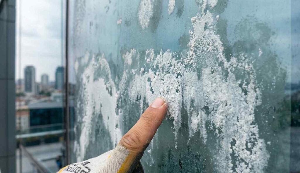 Cam yüzeyinde oluşan geri dönüşü olmayan mineral korozyonu ve beyaz bulutsu cam yanığı dokusu