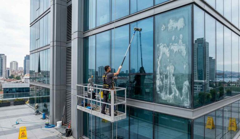 Dış cephe cam temizliği sırasında belirginleşen cam yanığı lekeleri ve profesyonel temizlik aşaması