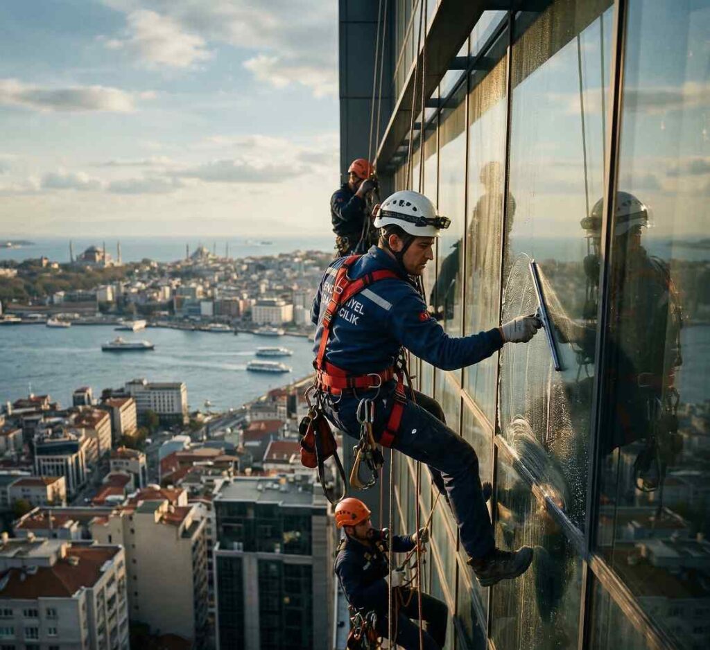 İple erişimle dış cephe cam temizliği