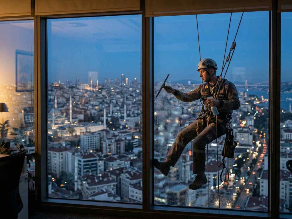 İple erişimle plaza cam temizlik çalışmaları