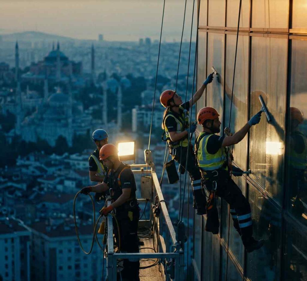 İple erişimle yüksekte dış cephe cam temizliği yapan ekip