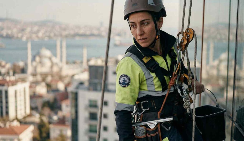 Kişisel koruyucu donanımlı bir endüstriyel dağcı