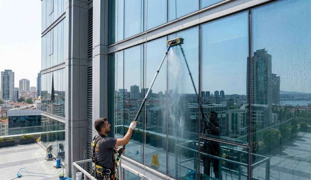 Saf su teknolojisi kullanılarak yapılan profesyonel dış cephe cam bakımı ve koruyucu temizlik uygulaması