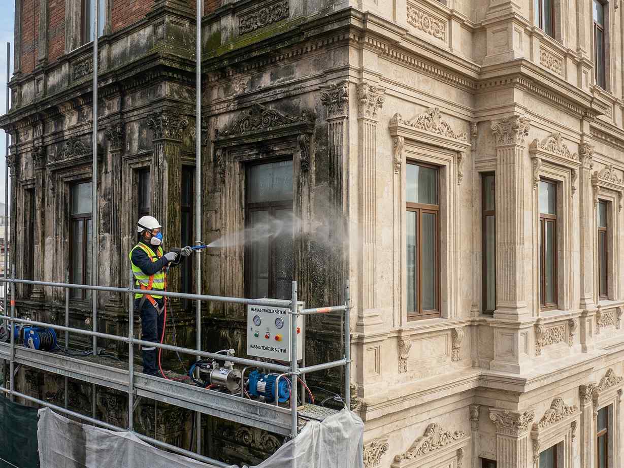 Tarihi bina dış cephe restorasyon temizliği çalışmaları