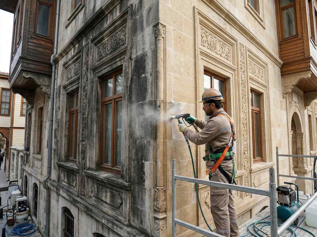 Tarihi bina dış cephe temizliği çalışmaları 