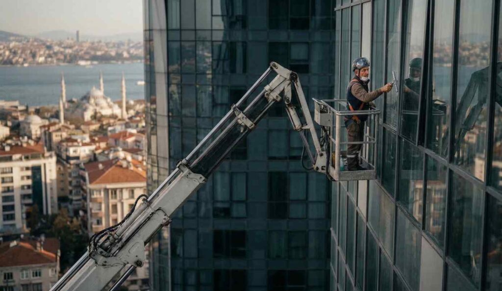 Vinçle dış cephe cam temizliği