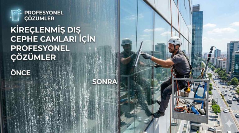 Kireçlenmiş dış cephe cam temizliği çalışmaları