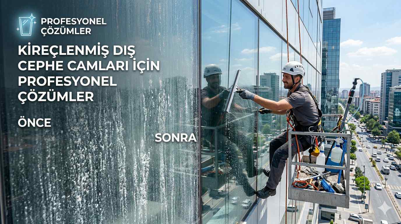 Kireçlenmiş dış cephe cam temizliği çalışmaları