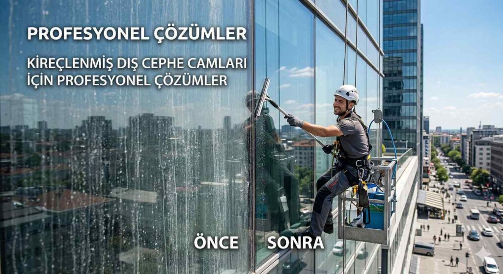 Profesyonel kireçlenmiş dış cephe cam temizliği