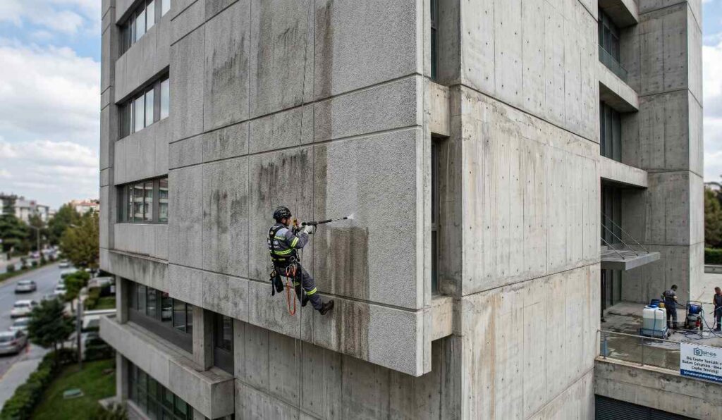 Basınçlı suyla brüt beton cephe temizliği