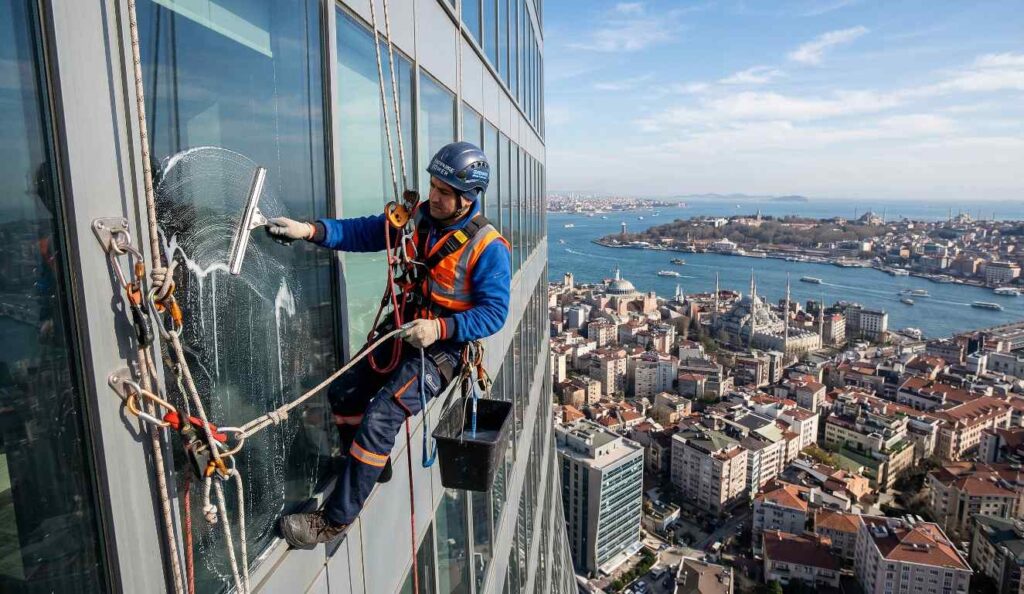 Endüstriyel dağcılık yöntemi ile plaza cam temizliği çalışmaları