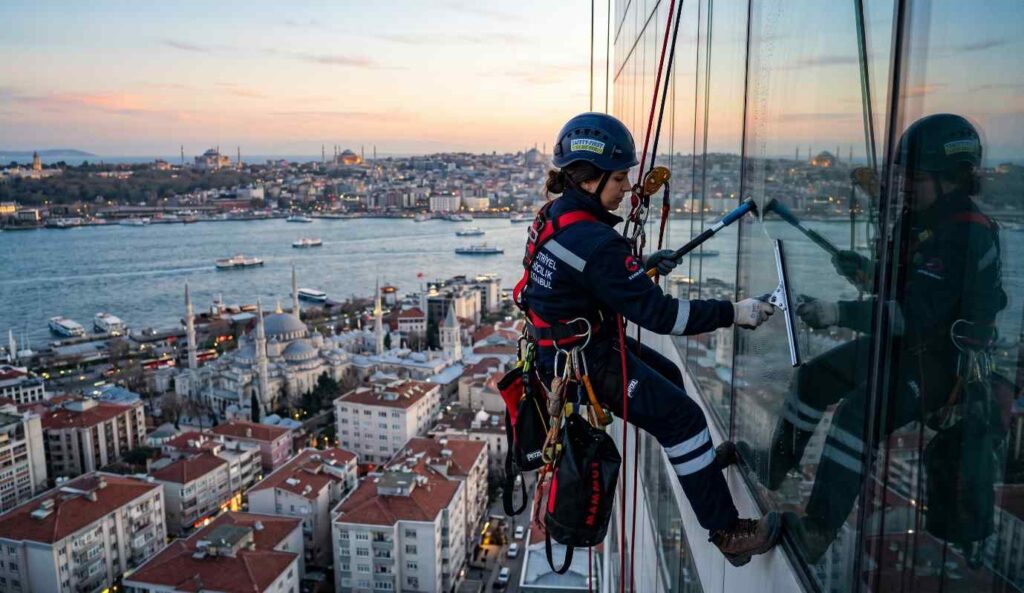 İp erişimi ile Avrupa Yakası dış cephe cam temizliği uygulaması