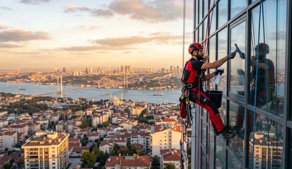 İple erişim yöntemi ile yapılan bir dış cephe temizlik çalışması