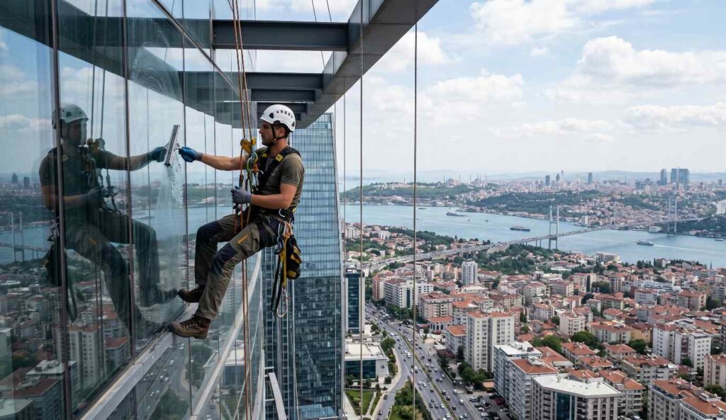 İple erişimle plaza cam temizliği çalışması