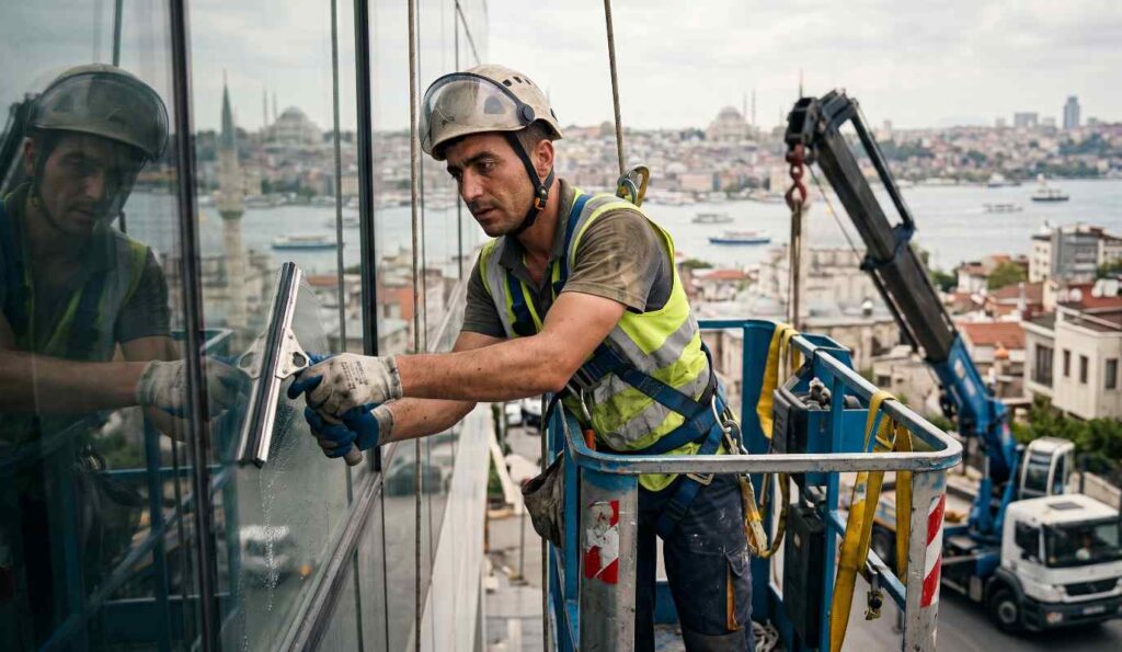Sepetli platform ile dış cephe cam temizliği uygulaması