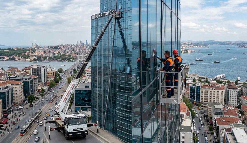 Sepetli platform vinçle plaza cam temizliği çalışmaları