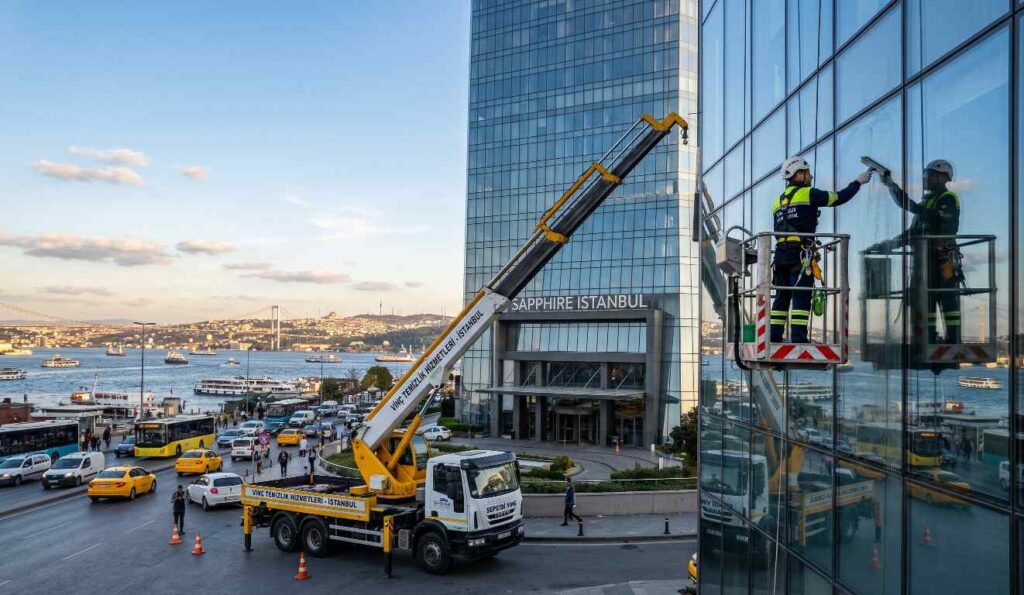 Vinçle yapılan bir dış cephe temizliği uygulaması