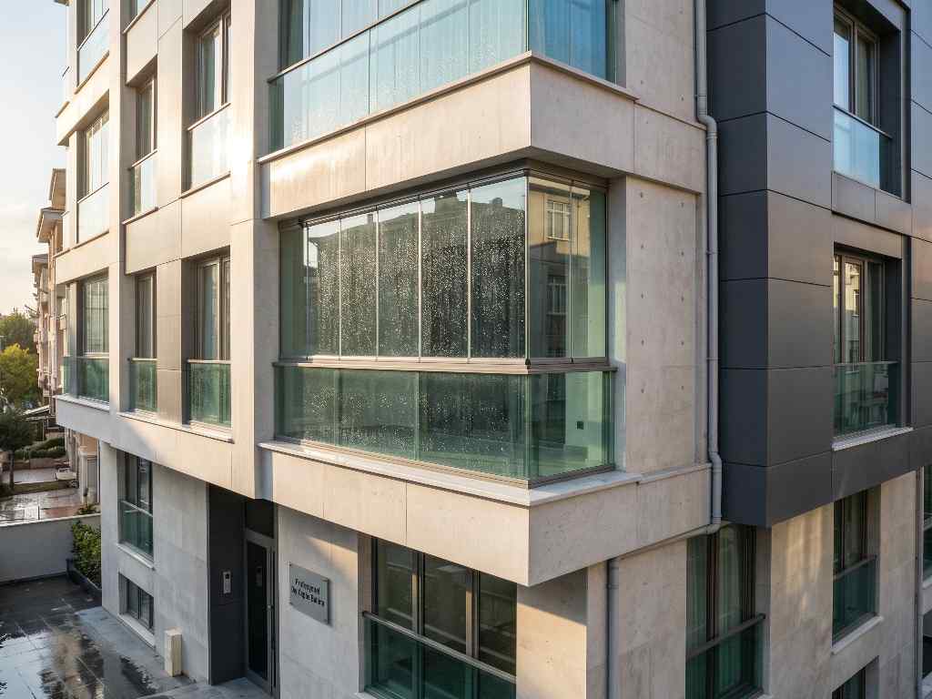 Yağmur lekesi oluşmuş bir binanın dış cephe görünümü
