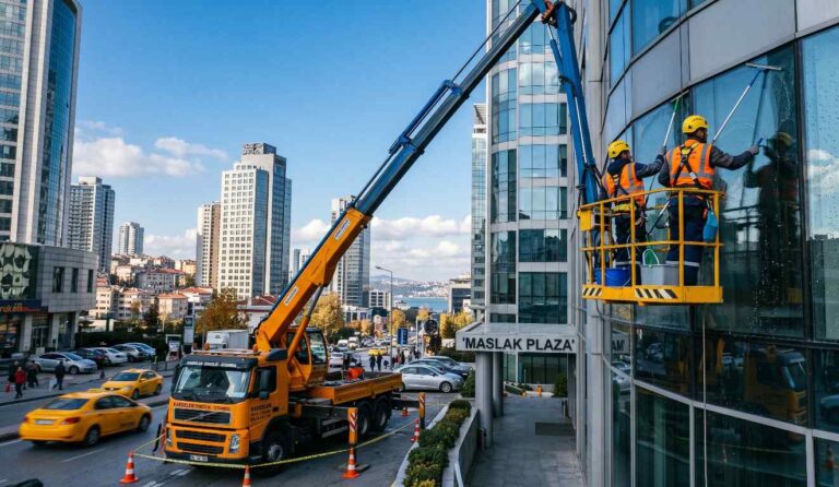 Yüksek bir binada dış cephe bakımı çalışmaları