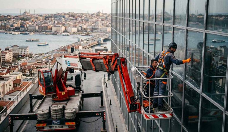 Yüksek bir binanın sepetli vinç erişimiyle yapılan dış cephe temizliği çalışması
