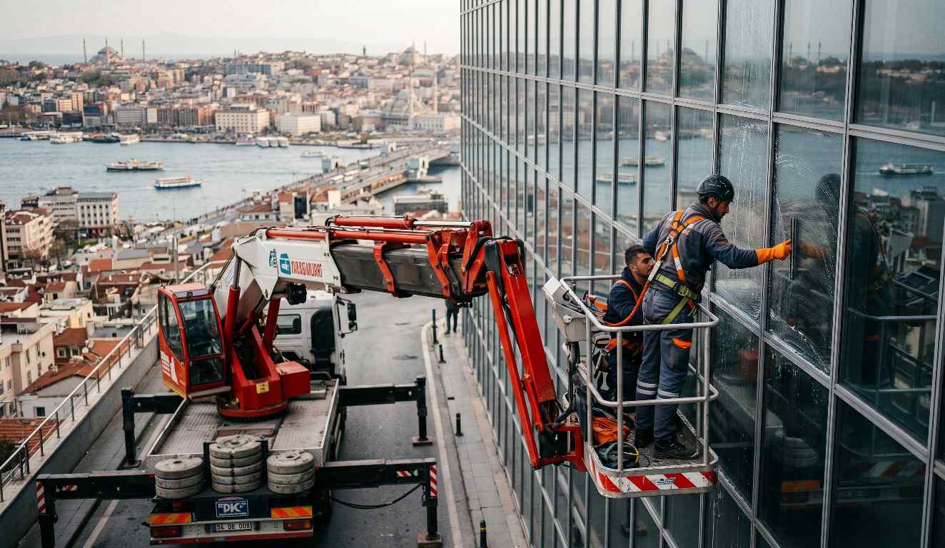 Yüksek bir binanın sepetli vinç erişimiyle yapılan dış cephe temizliği çalışması