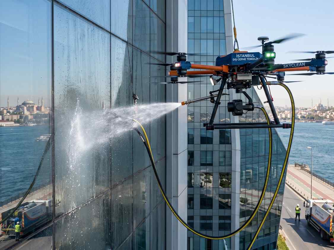 Drone ile yapılan dış cephe temizliği çalışmaları