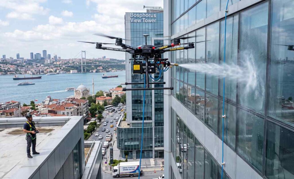 Drone ile dış cephe temizleme operasyonu