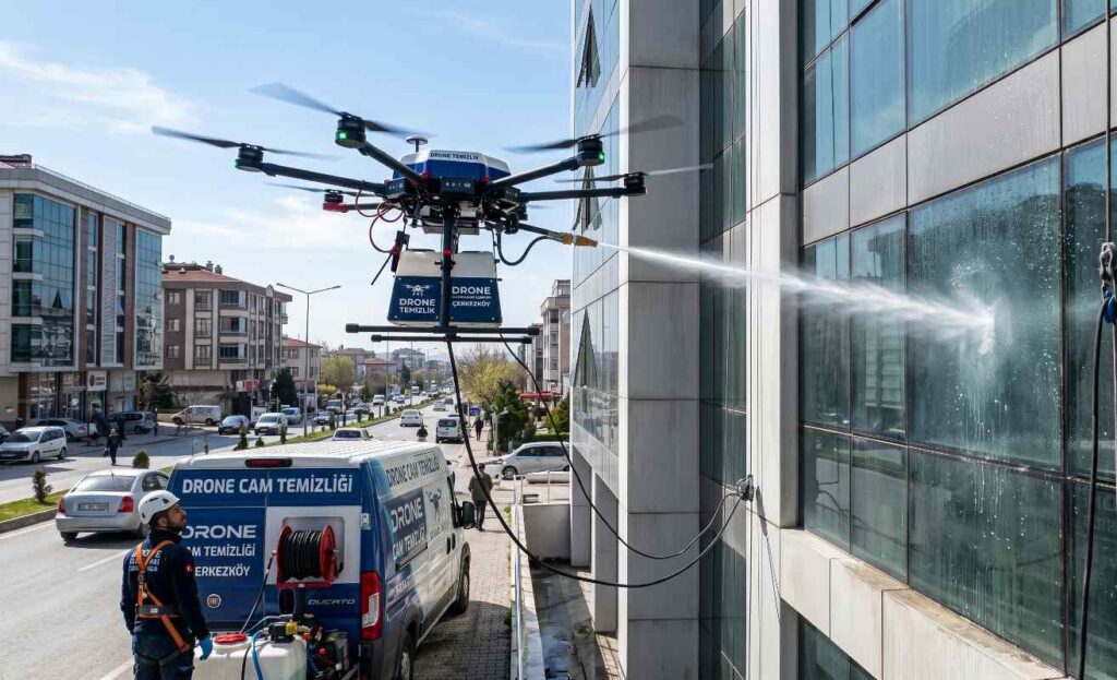Drone ile dış cephe yıkama çalışması