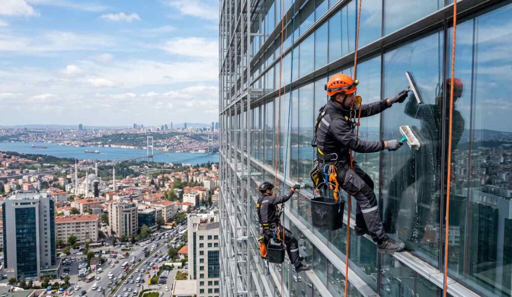 Saf su ile yapılan dış cephe cam temizliği çalışması