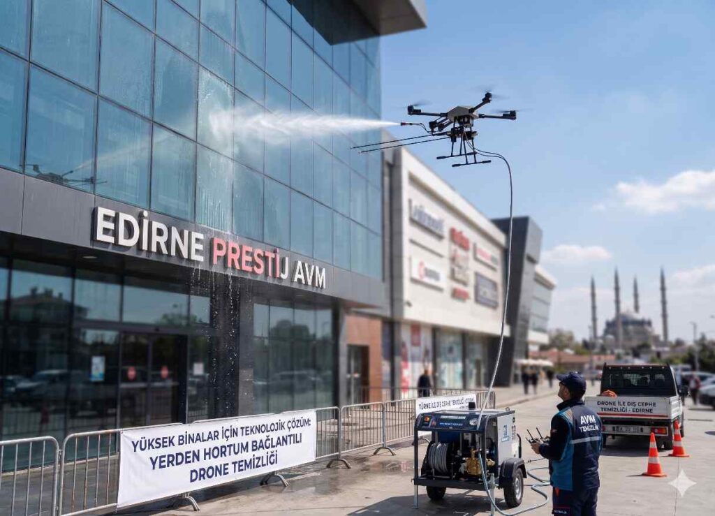 Saf su ile drone dış cephe yıkama çalışması