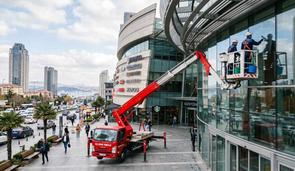 Sepetli vinç platform yardımıyla yapılan dış cephe temizliği