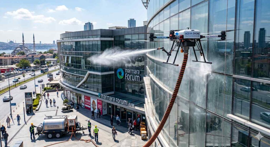 Yüksek bir binanın drone ile dış cephe yıkama uygulaması