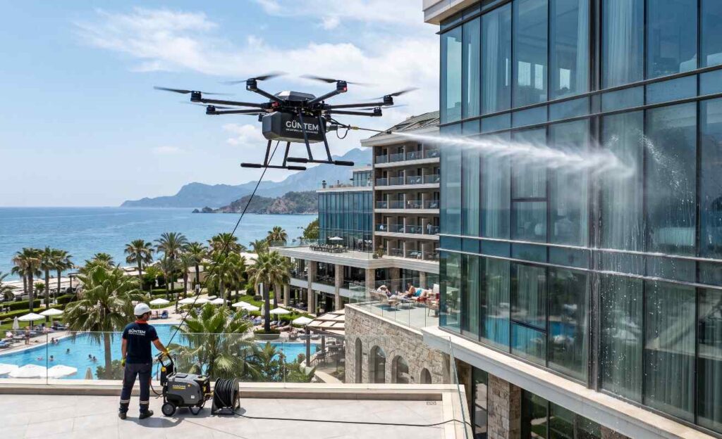 Drone ile rüzgarlı havada yapılan dış cephe temizliği