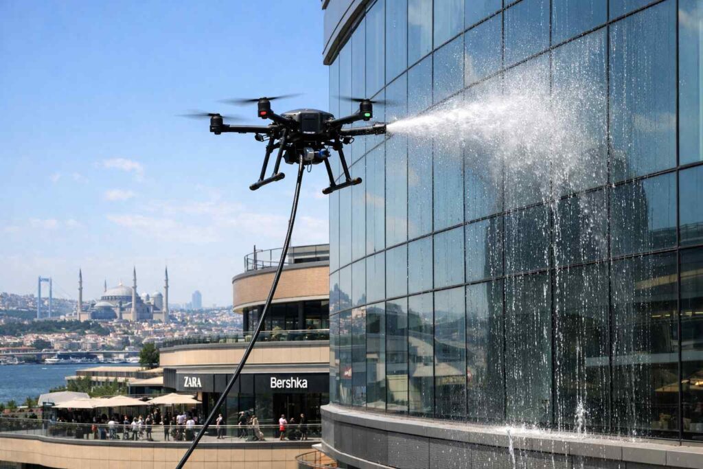 Drone ile yüksek irtifada dış cephe cam temizliği