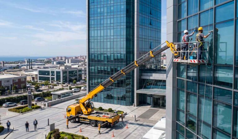 Sepetli vinçle yapılan bina dış cephe temizliği