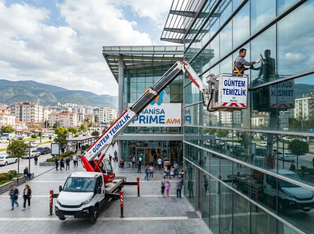 Sepetli vinçle yüksek irtifada dış cephe cam temizliği