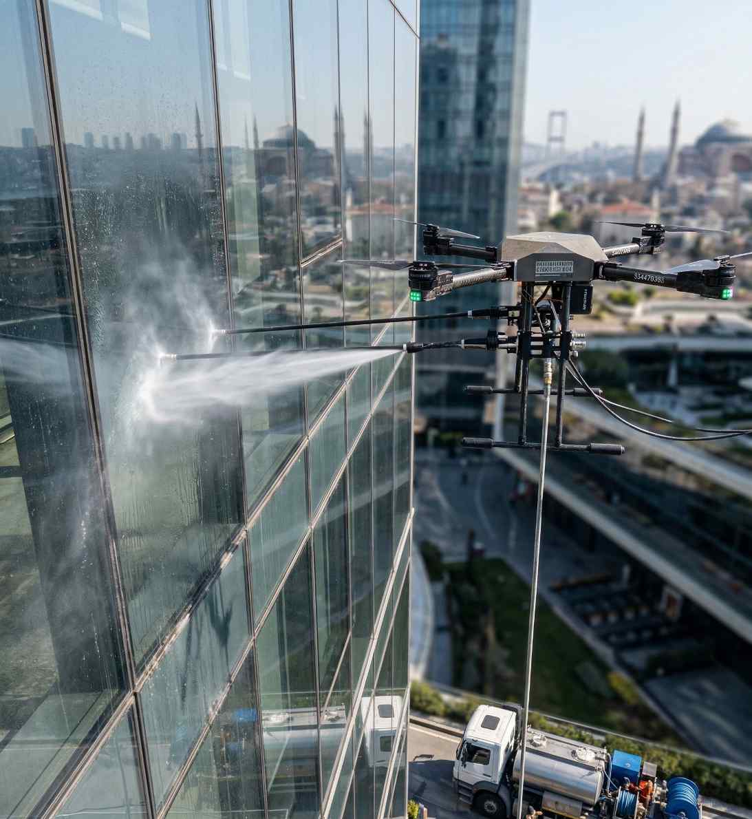 Bağcılar'da drone ile dış cephe temizliği çalışması