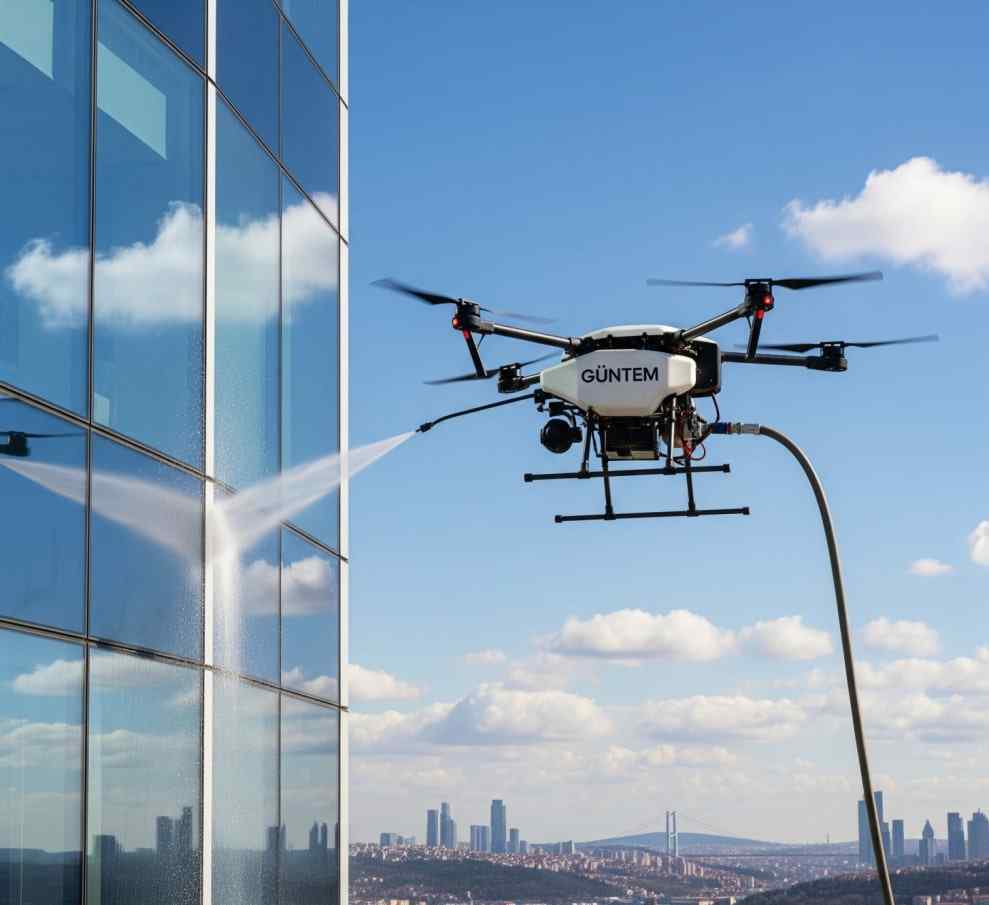 Drone ile yüksek bina cam temizliği çalışmaları