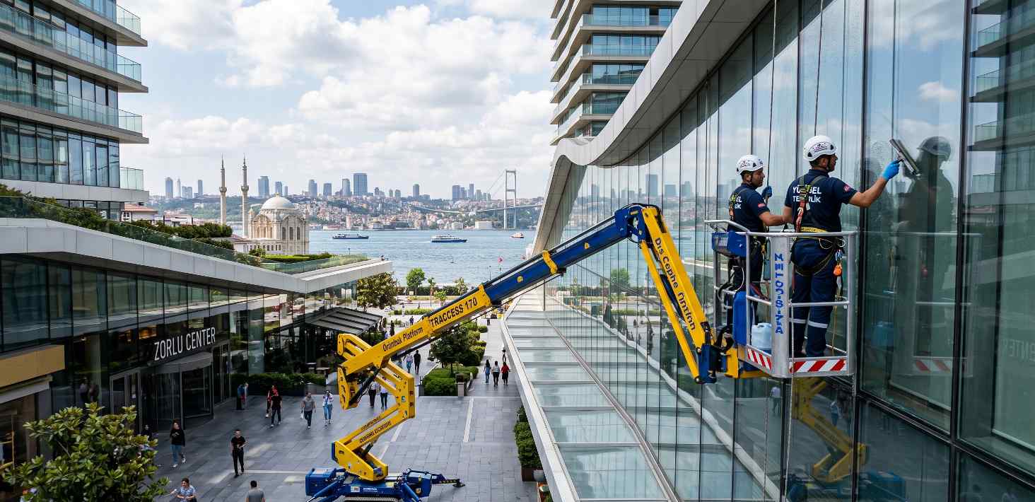 İstanbul'da örümcek platformla bir AVM nin dış cephe temizliği çalışması