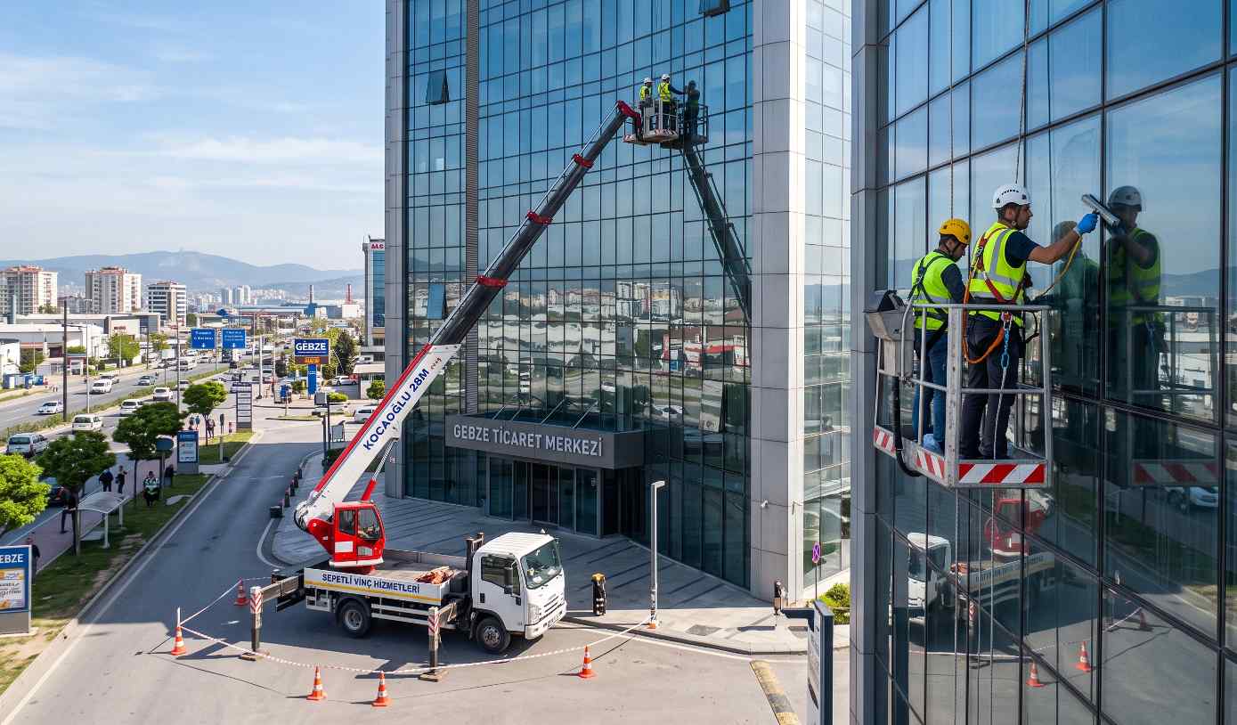 Sepetli vinç ile Gebze dış cephe temizliği operasyonu