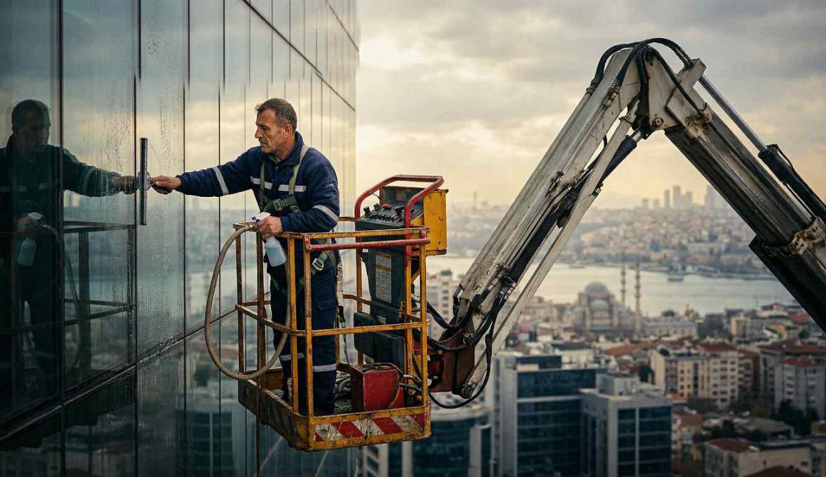 Bağcılar'da sepetli vinçli dış cephe temizliği çalışması