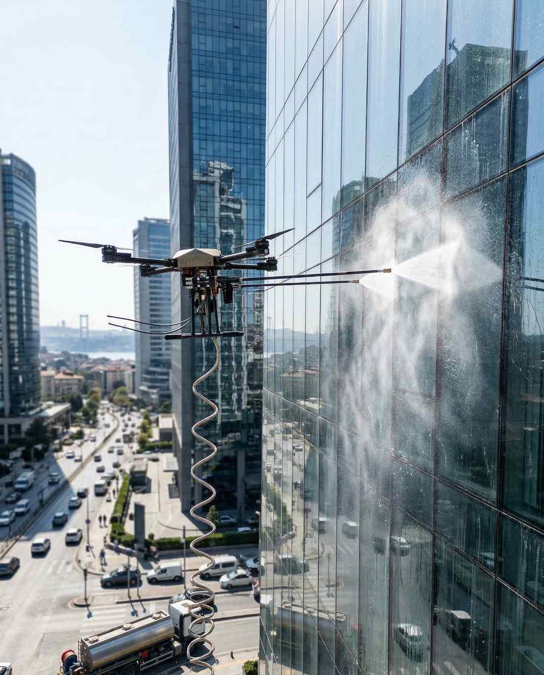 Drone teknolojisi ile dış cephe cam yıkama ve leke giderme işlemi