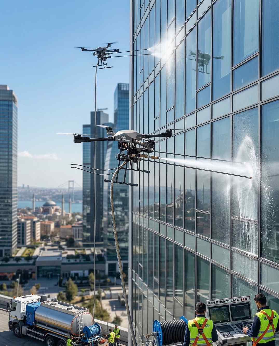 Drone ile plaza cam temizliği hizmeti