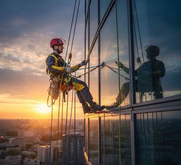 İple erişim tekniği ile yapılan profesyonel plaza cam temizliği uygulaması.