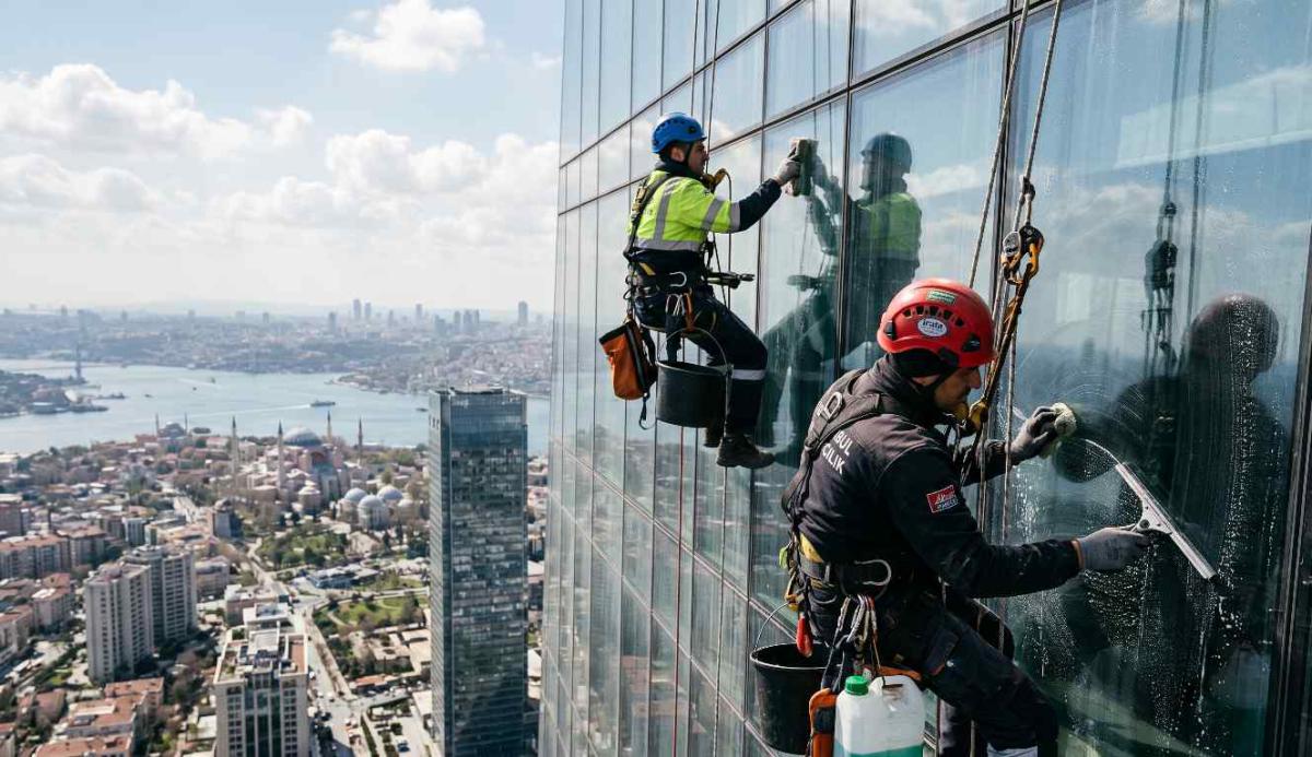 İple erişimle Bayrampaşa'da dış cephe cam temizliği çalışmaları