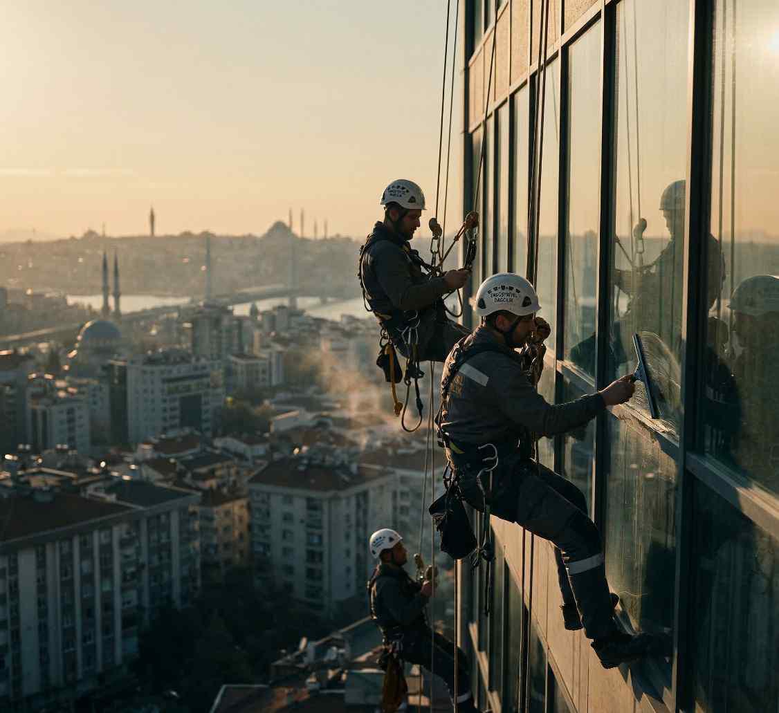 İple erişimle gökdelen cam temizliği çalışmaları
