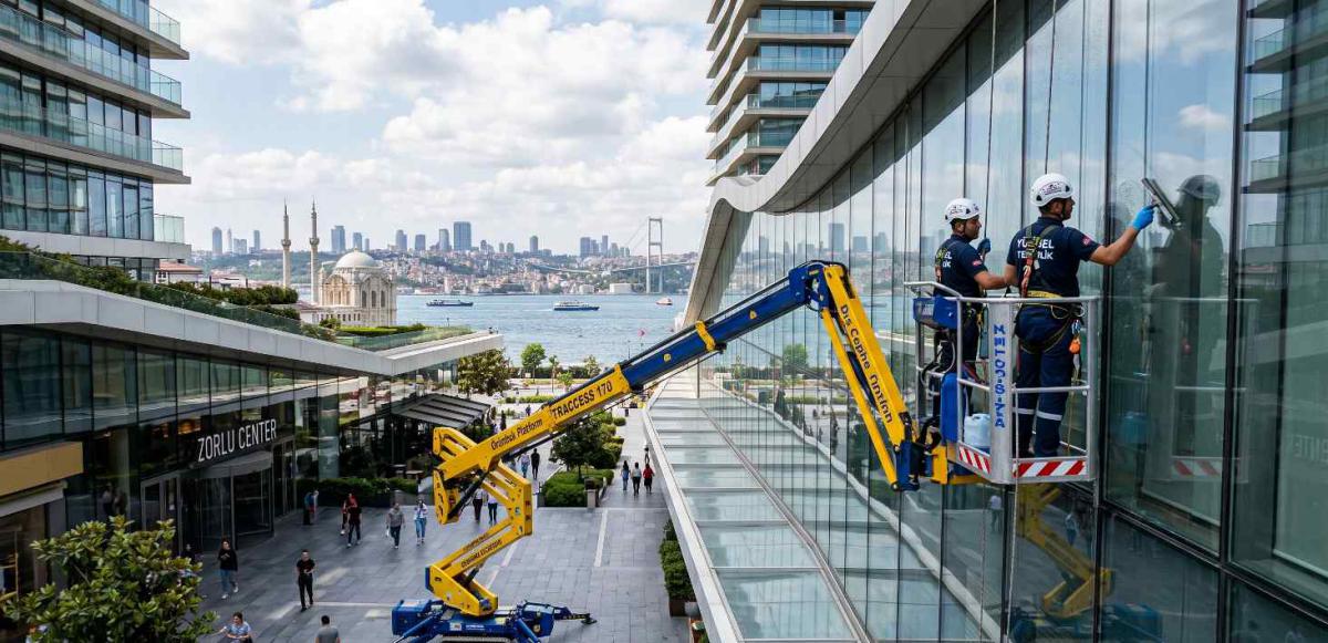 İstanbul'da örümcek platformla bir AVM nin dış cephe temizliği çalışması