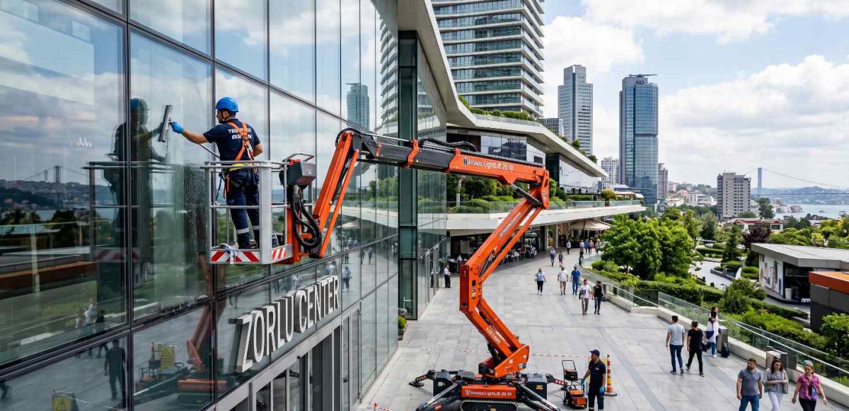 Örümcek platformla plaza cam temizliği
