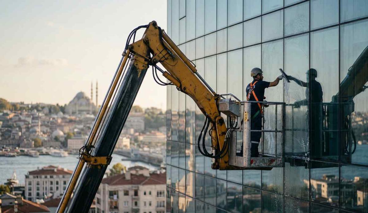 Vinçle dış cephe cam cam temizliği