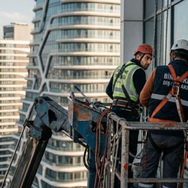 Sepetli platform ile bina dış cephe temizliği hizmeti